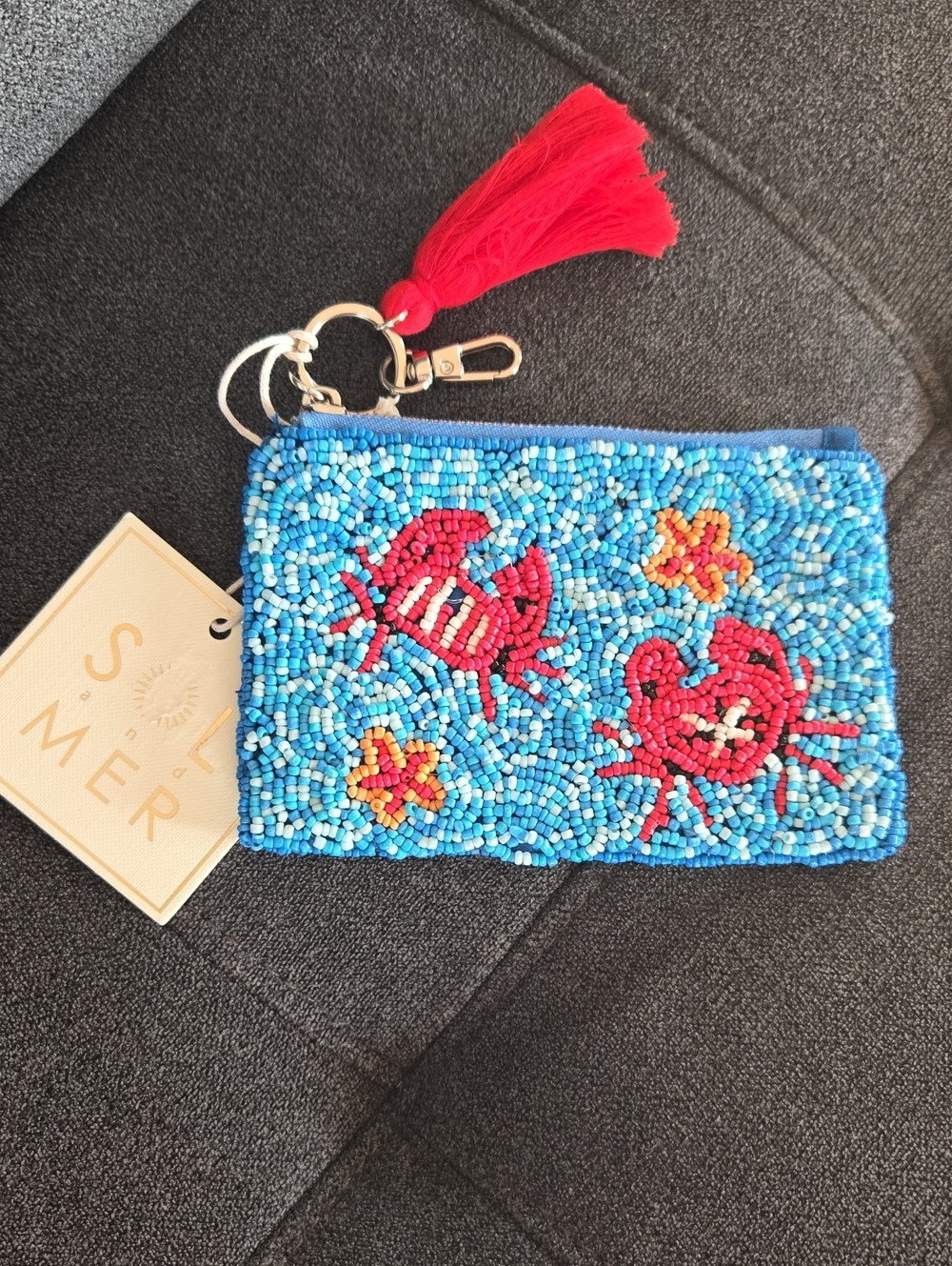 Beaded Blue Cosmetic Coin Pouch with Red Crab Motif and Tassel